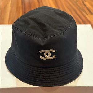 CHANEL Black and White Logo Bucket Hat